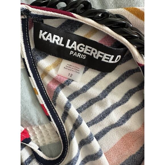 Karl Lagerfeld Diagonal Multicolor Stripe Tank Dress Plastic Chain Collar 12 - Picture 3 of 4